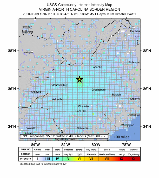 Sparta NC Earthquake Intensity Map